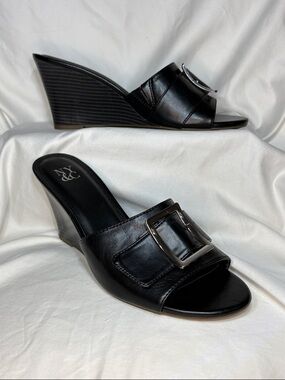 New York & Company Black Wedge Slide Sandals with Silver Buckle Sz 11